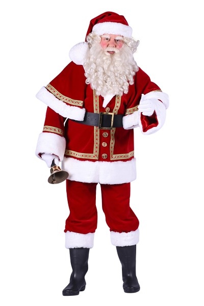 Kerstman Luxe met cape: Kostuum, baard, laarskappen, handschoenen, riem en bel €75,-