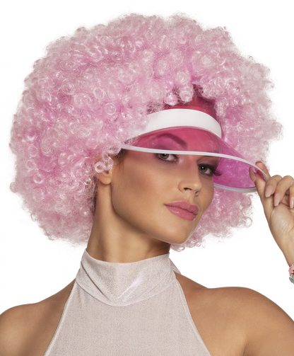 Pruik Afro Roze met zonneklep