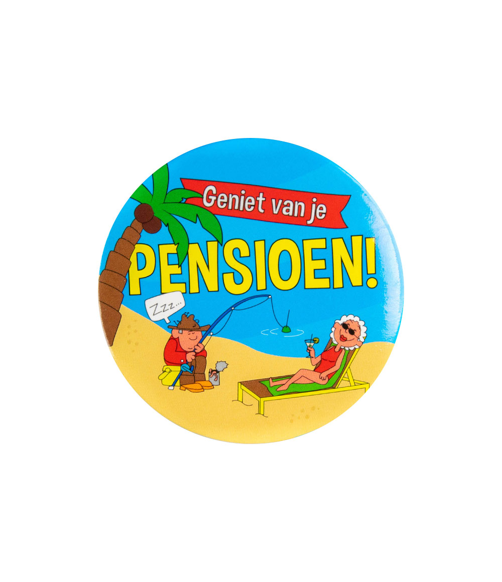 Button met cartoon Pensioen voor de persoon die stopt met werken Button met cartoon Pensioen voor de persoon die stopt met werken