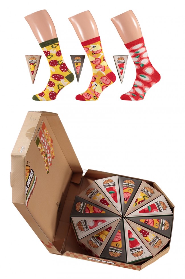 Kritisch blad telegram Happy socks in 3 pizza prints in geschenkdoosje in vorm pizzapunt