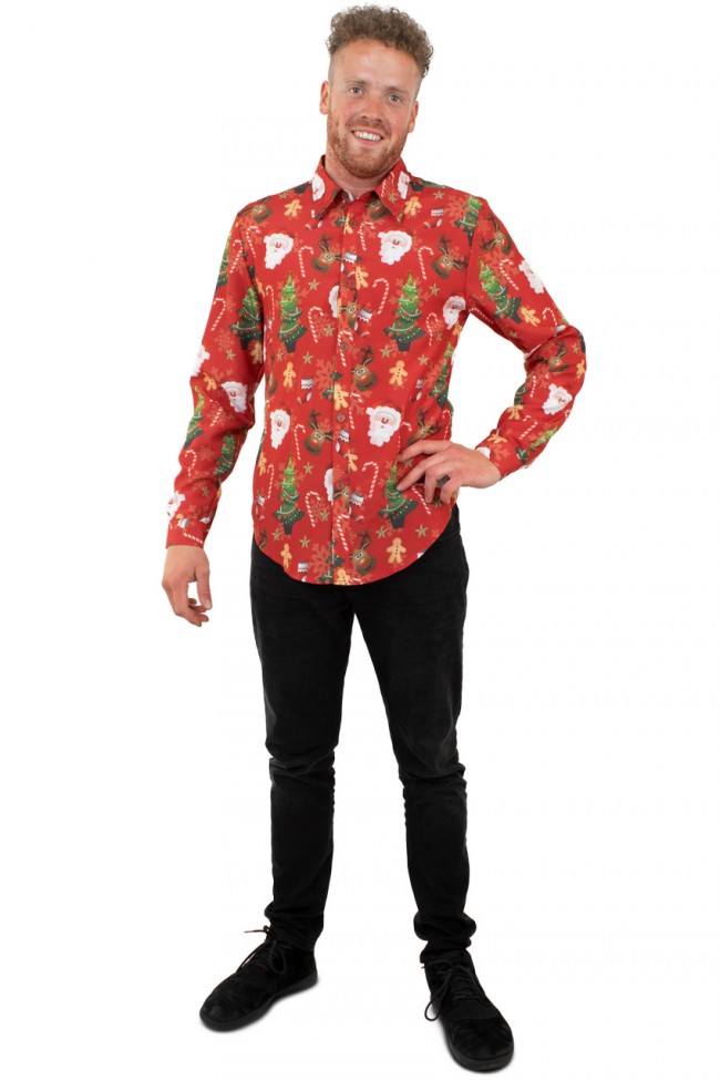 Rood overhemd met vrolijke Kerst print